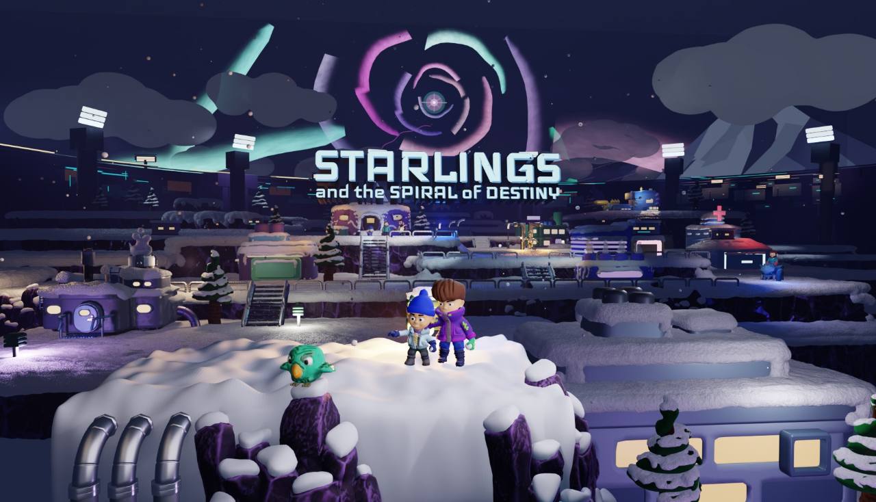 Starlings and the Spiral of Destiny in a snowy sci-fi settlement